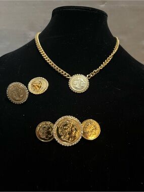 Vintage Alexander The Great Coin Necklace, Clip Earrings and Brooch
